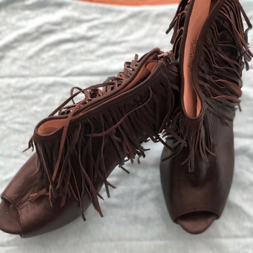 Brown leather fringe peep toe booties